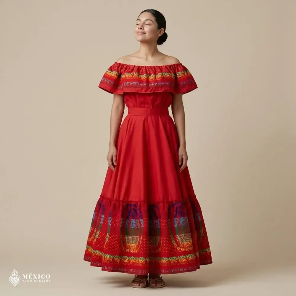 Traditional Mexican 3-Piece Cambaya Dress Set with Matching Rebozo Handmade